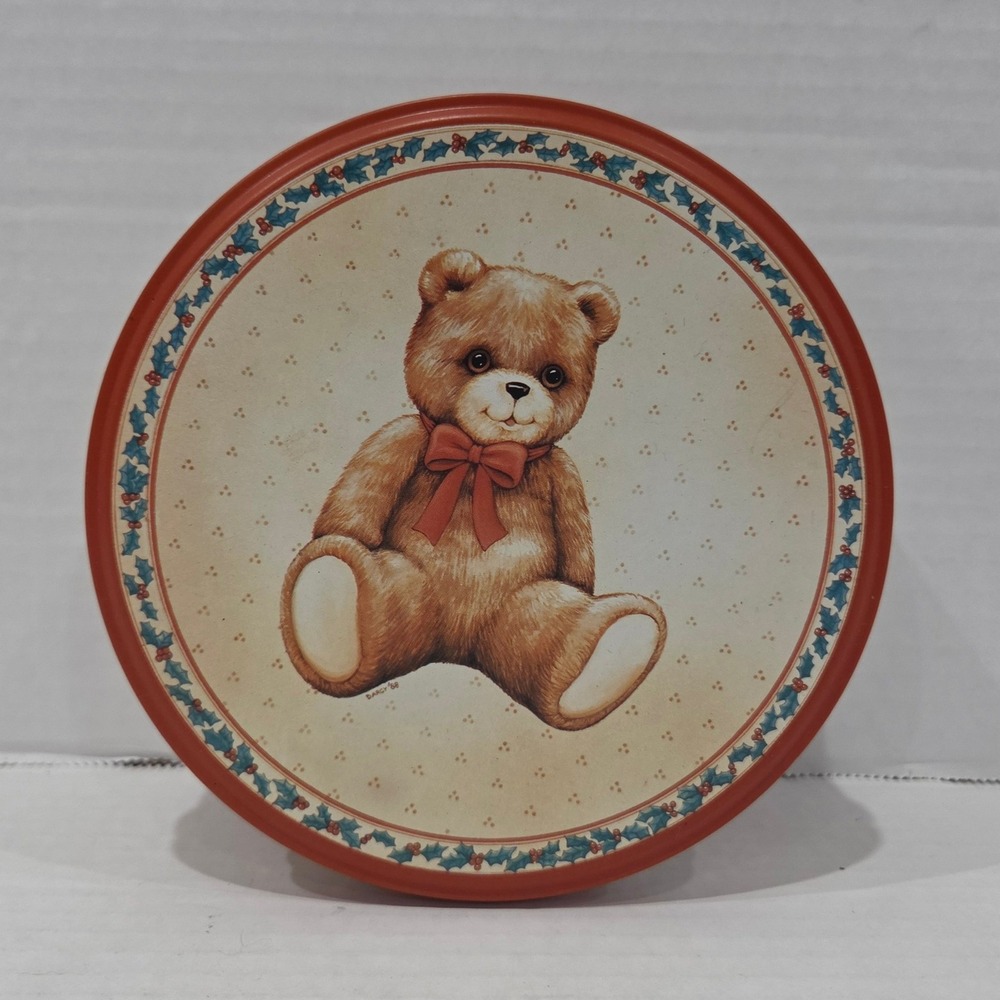 Vintage 1989 House of Lloyd Christmas Teddy Bear Round Tin Holiday Decor 5.5"